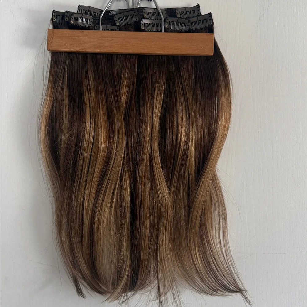 16” Brown Blonde Highlight Clip-In Hair Extensions - 100% human Hair 7 pcs - Picture 2 of 7